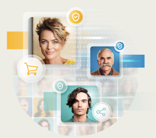 Bildkollage verschiedener Menschen mit Icons zur Branche e-Commerce
