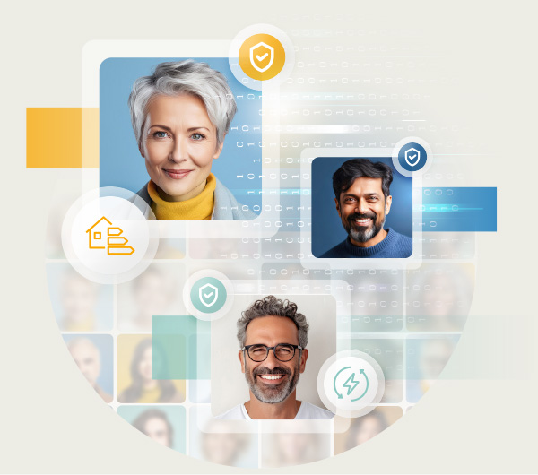 Bildkollage dreier Menschen mit Icons zur Branche Energieversorger